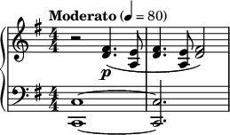  { \new PianoStaff << \new Staff \relative c' { \clef treble \numericTimeSignature \time 4/4 \key g \major \tempo "Moderato" 4 = 80 r2 <fis d>4.\p(<e a,>8 | <fis d>4. <e a,>8 <fis d>2) } \new Staff \relative c { \clef bass \key g \major \numericTimeSignature \time 4/4 <c c,>1~ | <c c,>2. s4 } >> } 