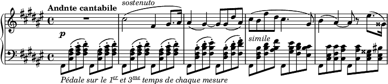 
\relative c'' {
  \new PianoStaff <<
   \new Staff { \key fis \major \time 4/4 \set Score.tempoHideNote = ##t \tempo "Andnte cantabile" 4=66
    R1 cis2^\markup \italic sostenuto ( fis,4 gis8. ais16) ais4( gis)~ gis8 gis( dis' ais)
    cis8( b fis' dis cis4. gis8) b4( ais)~ ais8 r eis'8.( gisis,16)
   }
   \new Dynamics {
    s8-\p
   }
   \new Staff { \key fis \major \time 4/4 \clef bass
    fis,,8_\markup { \italic { Pédale sur le \concat {1 \super \underline er } et \concat { 3 \super \underline me } temps de chaque mesure } }
    <ais' fis cis>-.( <cis ais fis>-. <dis ais fis>-.)
    fis,, <ais' fis cis>-.( <cis ais fis>-. <dis ais fis>-.)
    fis,, <ais' fis cis>-.( <cis ais fis>-. <dis ais fis>-.)
    fis,, <ais' fis cis>-.( <cis ais fis>-. <dis ais fis>-.)
    fis,, <b' fis dis>-.( <dis b fis>-. <eis b fis>-.)
    fis,, <b' fis dis>-.( <dis b fis>-. <fis dis fis,>-.)
    fis,,^\markup \italic simile <b' fis dis> <dis b fis> <fis b, ais>
    fis,, <eis'' b gis> <dis b fis> <cis b eis,>
    fis,, <cis'' eis, cis> <cis fis, cis> <cis ais cis,>
    fis,, <cis'' ais cis,> <gisis eis cis> <bis eis, cis>
   }
  >>
 }
