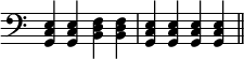 { \relative e { \clef bass \override Score.TimeSignature #'stencil = ##f
 <e c g>4 q <f d b> q | <e c g> q q q \bar "||" } }