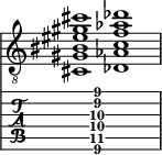  
<<
  %\override Score.BarLine.break-visibility = ##(#f #t #t)
  \time 2/1
    \new Staff  {
    \clef "treble_8"
        \once \override Staff.TimeSignature #'stencil = ##f
        <cis gis bis eis' gis' cis''>1 | <des aes c' f' aes' des''>1 |
    }

     \new TabStaff {
       \override Stem #'transparent = ##t
       \override Beam #'transparent = ##t 
      s2 <cis\6 gis\5 c'\4 f'\3 gis'\2 cis''\1>1 s2
  }
>>
