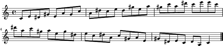 
{

\modalTranspose c c' { c dis e gis a } { c8 e } 
\modalTranspose c dis' { c dis e gis a } { c e } 
\modalTranspose c e' { c dis e gis a } { c e } 
\modalTranspose c gis' { c dis e gis a } { c e } 
\modalTranspose c a' { c dis e gis a } { c e } 
\modalTranspose c c'' { c dis e gis a } { c e } 
\modalTranspose c dis'' { c dis e gis a } { c e } 
\modalTranspose c e'' { c dis e gis a } { c e } 
\modalTranspose c gis'' { c dis e gis a } { c e } 
\modalTranspose c a'' { c dis e gis a } { c e } 
\modalTranspose c c''' { c dis e gis a } { c e } 

\modalInversion c e''' { c dis e gis a } { c e } 
\modalInversion c dis''' { c dis e gis a } { c e } 
\modalInversion c c''' { c dis e gis a } { c e } 
\modalInversion c a'' { c dis e gis a } { c e } 
\modalInversion c gis'' { c dis e gis a } { c e } 
\modalInversion c e'' { c dis e gis a } { c e } 
\modalInversion c dis'' { c dis e gis a } { c e } 
\modalInversion c c'' { c dis e gis a } { c e } 
\modalInversion c a' { c dis e gis a } { c e } 
\modalInversion c gis' { c dis e gis a } { c e } 
\modalInversion c e' { c dis e gis a } { c e } 
\modalInversion c dis' { c dis e gis a } { c e } 

c'4

\bar "|."
}
