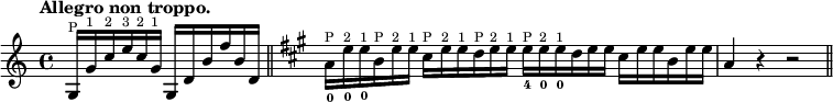 
\relative c' {
  \partial 2
  \tempo "Allegro non troppo."
  \override TupletNumber #'stencil = ##f
  \times 4/6 { g16^\markup {\tiny P} g'^\markup {\tiny 1} c^\markup {\tiny 2} e^\markup {\tiny 3} c^\markup {\tiny 2} g^\markup {\tiny 1} }
  \times 4/6 { g, d' b' f' b, d, }
  \bar "||"
  \key a \major
  \times 4/6 { a'_0^\markup {\tiny P} e'_0^\markup {\tiny 2} e_0^\markup {\tiny 1}
  b^\markup {\tiny P} e^\markup {\tiny 2} e^\markup {\tiny 1} }
  \times 4/6 { cis^\markup {\tiny P} e^\markup {\tiny 2} e^\markup {\tiny 1}
  d^\markup {\tiny P} e^\markup {\tiny 2} e^\markup {\tiny 1} }
  \times 4/6 { e_4^\markup {\tiny P} e_0^\markup {\tiny 2} e_0^\markup {\tiny 1}
  d e e }
  \times 4/6 { cis e e
  b e e }
  a,4 r r2
  \bar "||"
}
