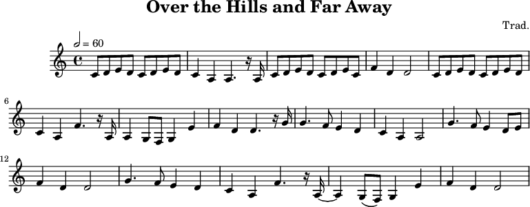 
X:1
T:Over the Hills and Far Away
C:Trad.
M:4/4
L:1/4
Q:1/2 60
K:C
C/2-D/2E/2-D/2C/2-D/2E/2-D/2| C A, A,3/2 z/4 A,/4|C/2-D/2E/2-D/2C/2-D/2E/2-C/2|\
 F D D2|C/2-D/2E/2-D/2C/2-D/2E/2-D/2| C A, F3/2 z/4 A,/4| A,G,/2-F,/2 G, E|\
 F D D3/2 z/4 G/4| G3/2 F/2 E D| C A, A,2| G3/2 F/2 ED/2-E/2| F D D2|\
 G3/2 F/2 E D| C A, F3/2 z/4 A,/4-| A, (G,/2 F,/2) G, E| F D D2|
