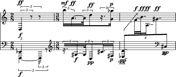 \relative {
  <<
  \new Staff = "upper" {\clef treble \time 2/8} 
  \new Staff = "lower" {\clef bass \time 2/8} 
  \context Staff = upper \new Voice {
    \tupletUp 
    \times 2/3 {
      \times 2/3 {d4^\ff r8} r8
    }
    \time 3/8
    \tupletUp
    \times 4/5 {
      b'''16[^\mf
      a,16.~^\ff
    }
    \times 4/5 {
      a32
      d8^\ff
    }
    \times 4/5 {
      r16. << g,16] aes'16]^\p >>
    }
    \tupletUp
    \times 3/4 {
      \times 4/5 {
        \change Staff = lower
        <<
        d,,8[\laissezVibrer
        es,8[\laissezVibrer_\pp\sustainOn
        >>
        \change Staff = upper
        f'32^\f\laissezVibrer
      }
      b32^\ff\laissezVibrer
      a,16.^\ff\laissezVibrer
      gis'8^\ff\laissezVibrer
      \change Staff = lower
      \clef bass
      cis,,8]_\pp    \sustainOff
    }
  }
  \context Staff = lower \new Voice {
    \tupletDown {
      <<
      {
        \voiceOne
        \times 2/3 {
          es,4*2/3^\f
          s8*2/3
        }
      }
      \new Voice {
        \voiceTwo
        \times 2/3 {
          f,4~_\f
          \times 2/3 {
            f16 r8
          }
        }
      }
      >>
      \time 3/8
      \tupletUp
      \clef treble
      \times 4/5 {
        r16.[ gis''16~_\f
      }
      \times 4/5 {
        gis32
        c,8_\pp
      }
      \times 4/5 {
        cis'16.
        fis,16]_\p
      }
      s4 s8
    }
  } 
  >>
}
