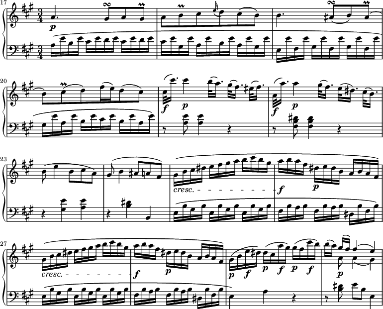 
\new PianoStaff <<
  \new Staff = "right" \with {
    midiInstrument = "acoustic grand"
  } \relative c'' {
    \key a \major
    \numericTimeSignature
    \time 3/4
    \set Score.currentBarNumber = #17
    \bar ""
    a4.\p gis8\turn a gis\prall
    a[ b\prall cis \grace  e16 (d8) cis8(  b)]
    b4. ais8(\turn b) ais\prall(
    b)[ cis\prall( d) fis16( e) d8( cis)]
    cis32\f( cis'16.) cis4\p b32( a16.) gis32([ fis16.)] eis32( fis16.)
    a,32\f( a'16.) a4\p gis32( fis16.) e32([ dis16.)] cis32( b16.)
    b8( e4 b8 cis a)
    gis( b4 ais8 a fis)
    gis16\(\cresc b cis dis e fis gis a b cis b gis
    a\f b a fis dis\p e dis b a b a fis\)
    gis16\(\cresc b cis dis e fis gis a b cis b gis
    a\f b a fis dis\p e dis b a b a fis\)
    gis(\p b e\f dis) dis(\p cis a'\f gis) gis(\p fis cis'\f b)
    b([ a)] <<{gis( fis) fis4( e)}\\{a,8\p a4( gis)}>>
  }
  \new Staff = "left" \with {
    midiInstrument = "acoustic grand"
  } {
    \clef bass \relative c' {
      \key a \major
      \numericTimeSignature
      \time 3/4
      \set Score.currentBarNumber = #17
      a16\( e' b e cis e d e cis e d e
      cis e gis, e' a, e' b e a, e' gis, e'
      e, e' fis, e'  gis, e' fis, e' gis, e' fis, e'
      gis, e' a, e' b e cis e b e a, e'\)
      r8 <a, e'> <a e'>4 r
      r8 <fis b dis> <fis b dis>4 r
      r <gis e'> <a e'>
      r <b dis> b,
      e16\( b' gis b e, b' gis b e, b' gis b
      fis b a b fis b a b dis, b' fis b\)
      e,16\( b' gis b e, b' gis b e, b' gis b
      fis b a b fis b a b dis, b' fis b
      e,4\) a r
      r8 <b dis> e[ b] e,4
    }
  }
>>
\midi {
  \context {
    \Score
    tempoWholesPerMinute = #(ly:make-moment 86 4)
  }
}
