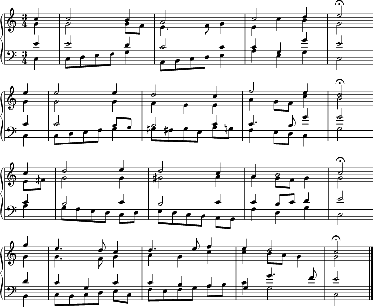 
{ \new PianoStaff <<
  \set Score.tempoHideNote = ##t
 \override Score.BarNumber #'transparent = ##t
 \new Staff << 
  \new Voice \relative c'' {\set Staff.midiInstrument = #"church organ" \tempo 4 = 104 \voiceOne \clef treble \key c \major \time 3/4 \partial 4
  c4 | c2 b4 | a2 g4 | c2 d4 | e2\fermata \bar"" \break
  e4 | e2 e4 | d2 c4 | f2 e4 | d2\fermata \bar"" \break
  c4 | d2 e4 | d2 c4 | a4 b2 | c2\fermata \bar"" \break
  g'4 | e4. d8 c4 | d4. e8 f4 | e4 d2 | c2\fermata \bar "|."
 } 
  \new Voice \relative c'' { \voiceTwo 
  g4 | g2 g8 f | e4. f8 g4 | e c' b | g2
  g4 | g2 g4 | f e e | a4 g8 f c'4 | b2
  e,8 fis | g2 g4 | gis2 a4 | a g8 f g4 | g2
  g4 | g4. f8 g4 | a g c | c b8 a g4 | g2
 } 
 >>
 \new Staff <<
  \new Voice \relative c' {\set Staff.midiInstrument = #"church organ" \clef bass \key c \major \time 3/4 \voiceOne
  e4 | e2 d4 | c2 c4 | c g g' | e2
  c4 | c2 b8 a | b2 c4 | c4. b8 g'4 | g2
  c,4 | b2 c4 | b2 c4 | c4 b8 c d4 | e2
  d4 | c g c | c b a | g g'4. f8 | e2
  
 }
  \new Voice \relative c { \voiceTwo 
  c4 | c8 d e f g4 | a,8 b c d e4 | a e g | c,2
  c4 | c8 d e f g4 | gis8[ fis gis e] a g | f4 e8 d c4 | g'2 
  a4 | g8[ f e d] c d | e[ d c b] a g | f'4 d g | c,2
  b4 | c8[ b c d] e c | f[ e f g] a b | c4 g2 | c,2
 } 
  >> >> }
