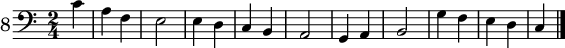 \new Staff \with {
  instrumentName = \markup \huge {"8"}
} \relative c' {
  \clef bass
  \time 2/4
  \partial 4 c4 | a f | e2 | e4 d | c b | a2 | g4 a | b2 | g'4 f | e d | c
  \bar "|."
}