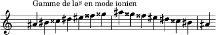 
\relative c'' { 
  \clef treble \time 7/4 \hide Staff.TimeSignature ais4^\markup { Gamme de la♯ en mode ionien } bis cisis dis eis fisis gisis ais gisis fisis eis dis cisis bis ais
}
