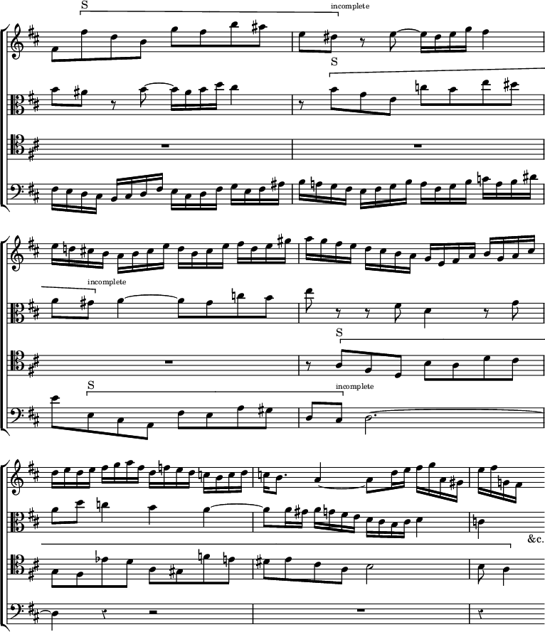 \new ChoirStaff << \override Score.TimeSignature #'stencil = ##f \override Score.BarNumber #'break-visibility = #'#(#f #f #f) \override Score.Rest #'style = #'classical
  \new Staff \relative f' { \key b \minor \time 4/4
    fis8 \[ fis'^"S" d b g' fis b ais |
    e dis^\markup \teeny "incomplete" \] r e ~ e16 dis e g fis4 |
    e16 d! cis! b a b cis e d b cis e fis d e gis |
    a g fis e d cis b a g e fis a b g a cis |
    d e d e fis g a fis d f e d c b c d |
    c b8. a4 ~ a8 d16 e fis g a, gis e' fis g,! fis  s8 }
  \new Staff \relative b' { \clef alto \key b \minor
    b8 ais r b ~ b16 ais b d cis4 |
    r8 \[ b^"S" g e c' b e dis |
    a gis^\markup \teeny "incomplete" \] a4 ~ a8 gis c b |
    e r r fis, d4 r8 g |
    a d c4 b a ~ | a8 a16 gis a g fis e d cis b cis d4 | c4 s8_"&c." }
  \new Staff \relative a { \clef tenor \key b \minor
    R1*3 r8 \[ a^"S" fis d b' a d cis |
    g fis ees' d a gis f' e | dis e cis a b2 | b8 a4 \] }
  \new Staff \relative f { \clef bass \key b \minor
    fis16 e d cis b cis d fis e cis d fis g e fis ais |
    b a! g fis e fis g b a fis g b c a b dis |
    e8 \[ e,^"S" cis a fis' e a gis | 
    d cis^\markup \teeny "incomplete" \] d2. ~ d4 r r2 R1 r4 s8 } >>