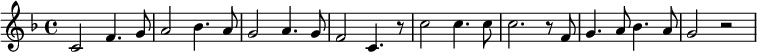 {\set Staff.midiInstrument = #"electric piano 1" \key f \major c'2 f'4. g'8 a'2 bes'4. a'8 g'2 a'4. g'8 f'2 c'4. r8 c''2 c''4. c''8 c''2. r8 f'8 g'4. a'8 bes'4. a'8 g'2 r2}