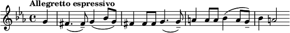  {\set Staff.midiInstrument = #"violin" \key c \minor \tempo "Allegretto espressivo" \partial 4 g'4 fis'4.( fis'8--) g'4( bes'8 g'8) fis'4 fis'8 fis'8 g'4.( g'8--) a'4 a'8 a'8 bes'4( a'8 g'8--) bes'4 a'2 } 