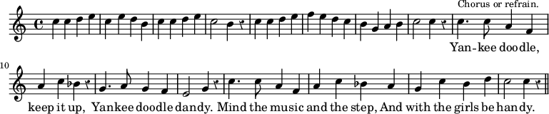 { \override Score.Rest #'style = #'classical \time 4/4 \key c \major \relative c'' {
 c4 c d e | c e d b | c c d e | c2 b4 r | %end line 1
 c c d e | f e d c | b g a b | c2 c4 r | %end line 2
 c4.^\markup \small "Chorus or refrain." c8 a4 f |
 a c bes r4 | g4. a8 g4 f | e2 g4 r | %end line 3
 c4. c8 a4 f a c bes a | g c b d c2 c4 r \bar "||" }
\addlyrics { _ _ _ _ _ _ _ _ _ _ _ _ _ _ _ _ _ _ _ _ _ _ _ _ _ _ _ _ Yan -- kee doo -- dle, keep it up, Yan -- kee doo -- dle dan -- dy. Mind the mu -- sic and the step, And with the girls be han -- dy. } }