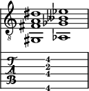  
<<
  %\override Score.BarLine.break-visibility = ##(#f #t #t)
  \time 2/1
    \new Staff  {
    \clef "treble_8"
        \once \override Staff.TimeSignature #'stencil = ##f
        <gis,  fis a dis' >1 | <aes,  ges beses ees' >1 |
    }

     \new TabStaff {
       \override Stem #'transparent = ##t
       \override Beam #'transparent = ##t 
      s2 <gis,\6  fis\4 a\3 dis'\2 >1 s2
  }
>>
