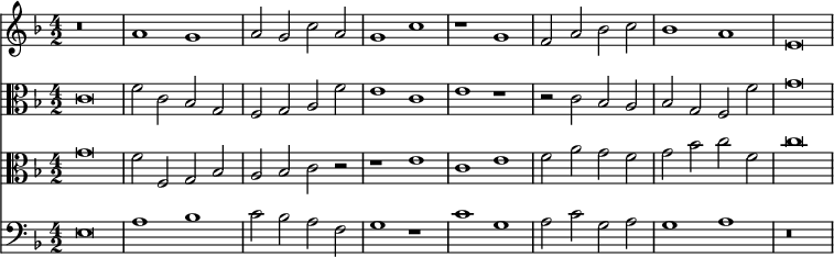 { \time 4/2 \key f \major << \relative a' { r\breve | a1 g | a2 g c a | g1 c | r g | f2 a bes c | bes1 a | e\breve }
\new Staff { \clef alto \key f \major \relative c' { c\breve | f2 c bes g | f g a f' | e1 c | e r | r2 c bes a | bes g f f' | g\breve } }
\new Staff { \clef alto \key f \major \relative g' { g\breve | f2 f, g bes | a bes c r | r1 e | c e | f2 a g f | g bes c f, | c'\breve } }
\new Staff { \clef bass \key f \major \relative e { e\breve | a1 bes | c2 bes a f | g1 r | c g | a2 c g a | g1 a | r\breve } } >> }