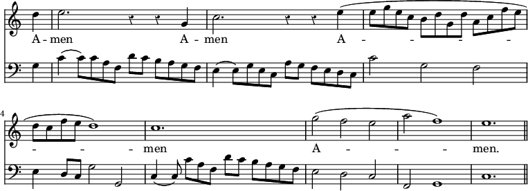 << \new Staff \relative f'' { \time 3/2 \key c \major \omit Staff.TimeSignature \override Staff.Rest.style = #'classical
  \partial 4 d4 | e2. r4 r4 g,4 | c2. r4 r4 e4( | e8 [g e c] b [d g, d'] a [c f e] | d [c f e] d1) | c1. 
  g'2 (f e | a f1) | e1. \bar "||" }
\addlyrics { A -- men A -- men A -- men A -- men. }
\new Staff \relative f { \clef bass \key c \major \omit Staff.TimeSignature \override Staff.Rest.style = #'classical
  \partial 4 g4 | c4 (c8) [c a f] d' [c] b [a g f] | e4 (e8) [g e c] a' [g] f [e d c] | c'2 g f | e4 d8 [c] g'2 g, | c4 (c8) c' [a f] d' [c] b [a g f] |
  e2 d c | f, g1 | c1. } >>