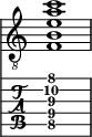  
<<
  %\override Score.BarLine.break-visibility = ##(#f #t #t)
  \time 1/1
    \new Staff  {
    \clef "treble_8"
        \once \override Staff.TimeSignature #'stencil = ##f
        < f b e' a' c''>1
    }

     \new TabStaff {
       \override Stem #'transparent = ##t
       \override Beam #'transparent = ##t 
      < f\5 b\4 e'\3 a'\2 c''\1>1
  }
>>
