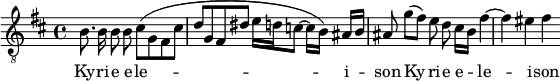 
<<
\new Staff \with {
    \remove "Slur_engraver"
    \remove "Phrasing_slur_engraver"
} \relative b {
\override Score.SpacingSpanner.common-shortest-duration = #(ly:make-moment 1/2)
    \clef "treble_8"
    \key b \minor
    \autoBeamOff
    b8. b16 b8 b cis_[( g fis cis'] |
    d8[ g, fis dis'] e16[ d c8~] c16[ b]) ais[ b] |
    ais8 g'[( fis]) e d cis16[ b] fis'4~ |
    fis4 eis fis
} \addlyrics {
%\override LyricHyphen.minimum-distance = #0.1   %default=0.1
\override LyricHyphen.minimum-length = #0.7   %default=0.3
\set lyricMelismaAlignment = #CENTER
    Ky -- ri -- e e -- le -- i -- son
\unset lyricMelismaAlignment
    Ky -- ri -- e e --
\set lyricMelismaAlignment = #CENTER
    le -- i -- son
}
>>
