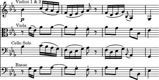 { << \new Staff \relative b' { \key ees \major \time 2/4 \override Score.TimeSignature #'stencil = ##f \mark \markup \small "Violini 1 & 2"
  bes4\p c16( bes aes g) | f( d ees g) aes8 r |
  f16( d ees g) \appoggiatura bes,8 aes4 | g4 }
\new Staff \relative g' { \clef alto \key ees \major 
  r8^\markup \small \center-align "Viola" g16( ees) aes8 aes ~ |
  aes g8-. f-. r | aes g f bes, | ees4 }
\new Staff \relative b { \clef bass \key ees \major 
  bes4^\markup \small \center-align "Cello Solo" c16( bes aes g) |
  f( d ees g) aes8 r |
  f16( d ees g) \appoggiatura bes,8 aes4 | g4 }
\new Staff \relative g { \clef bass \key ees \major
  r8^\markup \small \center-align "Basso" g16 ees aes8 aes ~ |
  aes g-. f-. r | aes g f bes, | ees4 } >> }