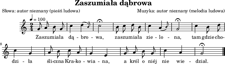 
\version "2.20.0"

\header {
   title = "Zaszumiała dąbrowa"
   poet = "Słowa: autor nieznany (pieśń ludowa)"
   composer = "Muzyka: autor nieznany (melodia ludowa)"
   tagline = ""
}

\score {
 \new Staff \with { midiInstrument = "flute" } {
   \relative g' {
      \time 2/4
      \tempo 4=100
      \autoBeamOff
     
      g8 a b g | 
      c4 \afterGrace d4(  { b8) } |
      c2 \fermata | 

      b8 c d b |
      c4 \afterGrace a4(  { b8) } |
      g2 \fermata |

      c4 b8 d |
      c4 g |
      a8 b c a |
      g4 e |

      g8 a b g |
      c4 a |
      g2 \fermata \bar "|."
   }
 }
   \addlyrics {
      Za -- szu -- mia -- ła dą -- bro -- wa,
      za -- szu -- mia -- ła zie -- lo -- na,
      tam gdzie cho -- dzi -- ła śli -- czna Kra -- ko -- wia -- na,
      a król o niéj nie wie -- dział.      
   }
   \layout{}
}
\score {
 \new Staff \with { midiInstrument = "flute" } {
   \relative g' {
      \time 2/4
      \tempo 4=100
      \autoBeamOff
     
      g8 a b g | 
      c4 %\afterGrace d4(  { b8) } |
      d8.( b16) |
      c2 \fermata | 

      b8 c d b |
      c4 %\afterGrace a4(  { b8) } |
      a8.( b16) |
      g2 \fermata |

      c4 b8 d |
      c4 g |
      a8 b c a |
      g4 e |

      g8 a b g |
      c4 a |
      g2 \fermata \bar "|."
   }
 }
   \midi{}
}
