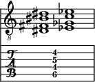  
<<
  %\override Score.BarLine.break-visibility = ##(#f #t #t)
  \time 2/1
    \new Staff  {
    \clef "treble_8"
        \once \override Staff.TimeSignature #'stencil = ##f
        < dis fis bis dis' >1 | < ees ges c' ees' >1 |
    }

     \new TabStaff {
       \override Stem #'transparent = ##t
       \override Beam #'transparent = ##t 
      s2 < dis\5 fis\4 c'\3 dis'\2 >1 s2
  }
>>
