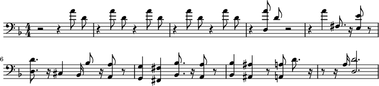 
<<
  \new Voice="melody" \relative c'' {
    \autoBeamOff
    %\voiceOne
    \language "deutsch"
    \key f \major
    \time 3/4
    % \override FirstVoice.DynamicText.direction = #UP
    \clef "bass" \numericTimeSignature\time 4/4 \key d \major | % 1
    r2 r4 \stemDown a8 \stemDown d,8 | % 2
    r4 \stemDown a'8 \stemDown d,8 r4 \stemDown a'8 \stemDown d,8 | % 3
    r4 \stemDown a'8 \stemDown d,8 r4 \stemDown a'8 \stemDown d,8 | % 4
    r4 \stemUp <d, a''>8 \stemUp d'8 r2 | % 5
    r4 \stemDown a'4 \stemUp fis,8. r16 \stemUp <e' e,>8 r8 | % 6
    \stemDown <d, d'>8. r16 \stemUp cis4 \stemUp b16 \stemUp b'8 r16
    \stemUp <a, a'>8 r8 | % 7
    \stemUp <g g'>4 \stemUp <fis' fis,>4 \stemUp <b, b'>8. r16 \stemUp
    <a' a,>8 r8 | % 8
    \stemUp <b, b'>4 \stemUp <ais' ais,>4 r8 \stemUp <a, a'>8 \stemDown
    d'8. r16 | % 9
    r8 r16 \stemUp a16 \stemUp <d d,>2.
  }
  \new Lyrics \lyricsto "melody"  {
   }
>>
