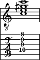  
<<
  %\override Score.BarLine.break-visibility = ##(#f #t #t)
  \time 1/1
    \new Staff  {
    \clef "treble_8"
        \once \override Staff.TimeSignature #'stencil = ##f
        <  c' e' gis' c''>1
    }

     \new TabStaff {
       \override Stem #'transparent = ##t
       \override Beam #'transparent = ##t 
      <  c'\4 e'\3 gis'\2 c''\1>1
  }
>>
