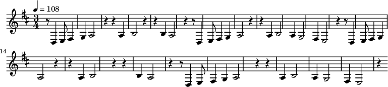 
\version "2.20.0" % Use the appropriate version here

\header {
  title = "The Blue Danube"
  composer = "Johann Strauss II"
}

\new Staff {
  \tempo 4=108 % Adjust tempo as needed
  \time 3/4
  \key d \major
  \clef "treble" % Use the treble clef
  
  % Main part
  r8 d4 | e8 fis4 g | a2 r4 | r4 a4 | b2 r4 | r4 b4 | a2 r4 |
  
  r8 d4 | e8 fis4 g | a2 r4 | r4 a4 | b2 a4 | g2 fis4 | e2 r4 |
  
  r8 d4 | e8 fis4 g | a2 r4 | r4 a4 | b2 r4 | r4 b4 | a2 r4 |
  
  r8 d4 | e8 fis4 g | a2 r4 | r4 a4 | b2 a4 | g2 fis4 | e2 r4 |
}
