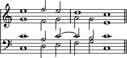 << \override Score.TimeSignature #'stencil = ##f \time 4/2 \new Staff << \new Voice { \relative e'' { \stemUp e1 f2 e | d1 c \bar "||" } } \new Voice { \relative g' { \stemDown g1 f2 g | a g e1 } } >>
\new Staff { \clef bass << \new Voice { \stemUp c'1 a2 c' ^~ | c' b c'1 } \new Voice { \stemDown c1 d2 e | f g c1 } >> } >>