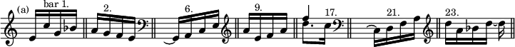 { \relative e' { \override Score.TimeSignature #'stencil = ##f \mark \markup \small "(a)" \cadenzaOn
 e16[ c'^\markup \small "bar 1." g bes] \bar "||"
 a[ g^\markup \small "2." f e] \bar "||"
 \clef bass \hideNotes g,, _~ \unHideNotes g[ a^\markup \small "6." c e] \bar "||"
 \clef treble a'[ e^\markup \small "9." f a] \bar "||"
 << { f'4 } \\ { d8.[ c16]^\markup \small "17." } >> \bar "||"
 \clef bass \hideNotes c,,8 ^~ \unHideNotes c16[ d^\markup \small "21." f a] \bar "||"
 \clef treble d'[^\markup \small "23." a bes d] _~ d \bar "||" } }