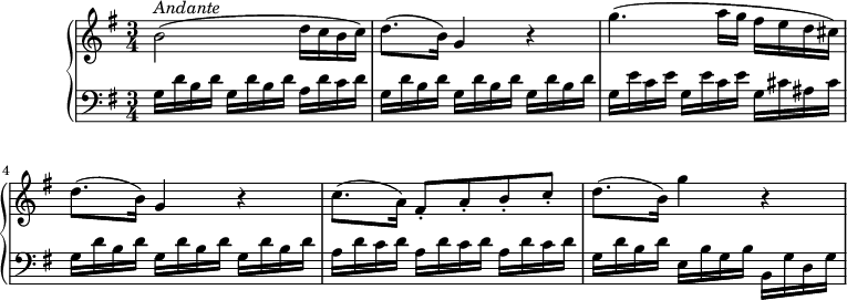 
\version "2.18.2"
\header {
  tagline = ##f
}
upper = \relative c'' {
    \tempo "Andante"
    \key g \major
    \time 3/4
    \tempo 4 = 70
    b2^\markup{ \italic {Andante} } (d16 c b c)
    d8. (b16) g4 r
    g'4. (a16 g fis e d cis)
    d8. (b16) g4 r
    c8. (a16) fis8-. a-. b-. c-.
    d8. (b16) g'4 r
  }

lower =\relative c' {
    \clef "bass"
    \set Staff.midiMinimumVolume = #0.2 \set Staff.midiMaximumVolume = #0.5
    \key g  \major
    \time 3/4
     \repeat unfold 2 { g16 d' b d } a d c d
     \repeat unfold 3 { g,16 d' b d }
     \repeat unfold 2 { g,16 e' c e } g, cis ais cis
     \repeat unfold 3 { g16 d' b d }
     \repeat unfold 3 { a16 d c d }
     g,16 d' b d e, b' g b b, g' d g
  }
\score {
  \new PianoStaff <<
    \new Staff = "upper" \upper
    \new Staff = "lower" \lower
  >>
  \layout {
    \context {
      \Score
      \remove "Metronome_mark_engraver"
    }
  }
  \midi { }
}
