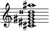 {
  % Rivin lopun pystyviiva ja tahtiosoitus piiloon.
  \override Score.BarLine.break-visibility = ##(#f #t #t)
  \override Staff.TimeSignature #'stencil = ##f
  
  <cis' eis' gis' b' disis'' ais''>1
}
