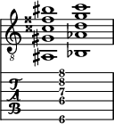  
<<
  %\override Score.BarLine.break-visibility = ##(#f #t #t)
  \time 2/1
    \new Staff  {
    \clef "treble_8"
        \once \override Staff.TimeSignature #'stencil = ##f
        <ais,  gis cisis' fisis' bis'>1 | <bes,  aes d' g' c''>1 |
    }

     \new TabStaff {
       \override Stem #'transparent = ##t
       \override Beam #'transparent = ##t 
      s2 <ais,\6  gis\4 d'\3 g'\2 c''\1>1 s2
  }
>>
