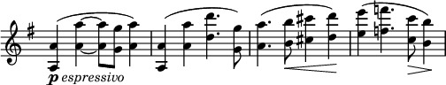 
\relative c'' {
 \new Staff \with { \remove "Time_signature_engraver" } { \key g \major \time 4/4 \set Score.tempoHideNote = ##t \tempo "" 2=86
  <a a,>4_\markup {\dynamic p \italic espressivo } ( <a'~ a,~> <a a,>8 <g g,> <a a,>4) <a, a,>( <a' a,> <d d,>4. <g, g,>8)
  <a a,>4.( <b b,>8\< <cis cis,>4 <d d,>\!) <e e,>( <f f,>4. <c c,>8\> <b b,>4\!)
 }
}
