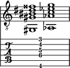  
<<
  %\override Score.BarLine.break-visibility = ##(#f #t #t)
  \time 2/1
    \new Staff  {
    \clef "treble_8"
        \once \override Staff.TimeSignature #'stencil = ##f
        <gis,  gis bis dis' fisis'>1 | <aes,  aes c' ees' g'>1 |
    }

     \new TabStaff {
       \override Stem #'transparent = ##t
       \override Beam #'transparent = ##t 
      s2 <gis,\6  gis\4 c'\3 dis'\2 g'\1>1 s2
  }
>>
