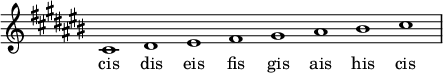  
\new Staff \with {\remove Time_signature_engraver} 
\relative cis' {\key cis \major \time 8/1 cis1 dis1 eis1 fis1 gis1 ais1 bis1 cis1 }
\addlyrics { cis dis eis fis gis ais his cis }
