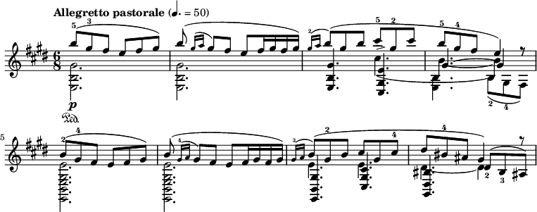 
{ \relative c'' {
 \clef treble
 \key e \major
 \tempo "Allegretto pastorale" 4. = 50
 \time 6/8
 \set Staff.midiInstrument = "koto"
 << { b'8-5\p (gis-3 fis e fis gis) b (\acciaccatura { gis16 a } gis8 fis e fis16 gis fis gis) } \\ { <gis, b, e,>2.\sustainOn <gis b, e,> } >>
 << { \acciaccatura { gis'16-2 a } b8 (gis b cis8-5 gis-2 cis b-5 gis-4 fis e4) r8 } \\ {s4. cis (b~ b4) s8 } \\ { <gis b, e,>4. <e-> gis, cis,> gis~ gis4 r8 } \\ { s4. s <b, e,> b8-2 (gis-4 fis) } >>
 << { b' (gis-4 fis e fis gis) b (\acciaccatura { gis16-4 a } gis8 fis e fis16 gis fis gis) } \\ { <e-2 gis, e b e,>2. <e gis, e b e,> } >>
 << { \acciaccatura { gis16-3 a } b8 (gis-2 b cis gis cis-4 dis bis-4 ais gis4) r8 } \\ { e4. e dis~ dis4 s8 } \\ { <gis, b, e,>4. <cis gis cis,> <bis dis, gis,> dis8_2 (bis_3 ais) } >>
 } } 