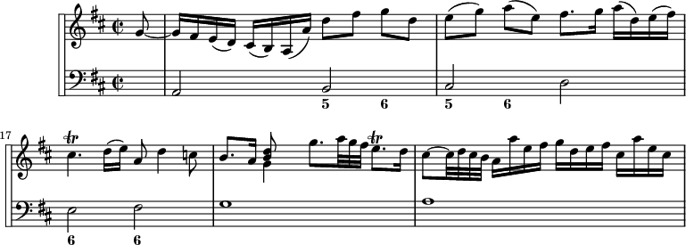 
\version "2.14.2"
\header {
  tagline = ##f
}

\score {

 \new StaffGroup <<
\set StaffGroup.systemStartDelimiter = #'SystemStartSquare
    \new Staff {
      \relative c'' {
      \key d \major
      \time 2/2
      \tempo 4 = 70
      % \autoBeamOff
      \clef treble
      \set Score.currentBarNumber = #15
      \override Rest #'style = #'classical
      \override TupletBracket #'bracket-visibility = ##f 
      \override TupletNumber #'stencil = ##f
 
   % Violon - Ms. page 62 / pdf p. 67
   \partial 8 g8~
   g16[ fis e( d)] cis[( b) a( a')] d8[ fis] g[ d]
   e8[( g)] a[( e)] fis8.[ g16] a[( d,) e( fis)] 
   cis4.\trill d16( e) a,8 d4 c8
   b8. a16 << { << d8 b >> } \\ { g4 } >> g'8. {\times 2/3 { a32 g fis }} e8.\trill d16
   cis8~ cis32 {\times 2/3 { d32 cis b }} a16[ a' e fis] g[ d e fis] cis[ a' e cis]

    }
}

    % Continuo
    \new Staff {
  <<
      \key d \major

    \new Voice { \clef bass s8 a,2 b, cis d e fis g1 a1 }  
    \new FiguredBass {
      \figuremode {
      s8 s2 < 5 >4 < 6 >4 
      < 5 >4 < 6 >4 s2 < 6 >2 < 6 >2  
      }
    }
  >>
    }
 >>
  \layout {
    \context {
      \Score
      \remove "Metronome_mark_engraver"
    }
  }
  \midi {}
}
