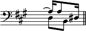 { \relative a { \override Score.TimeSignature #'stencil = ##f \clef bass \key fis \minor
 << { \hideNotes a8 ^~ \unHideNotes a16[ a8 dis,16] \bar "||" } \\
    { s8 d[ b] } >> } }