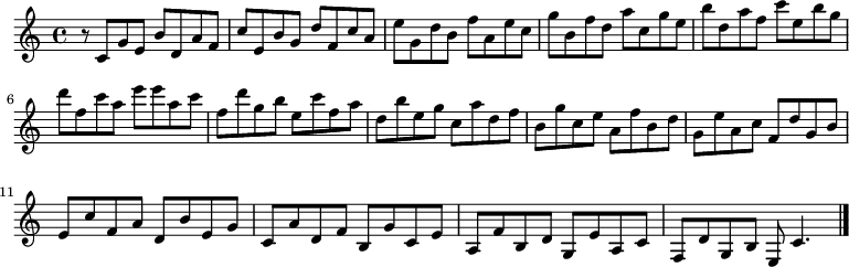 
{

r8
\modalTranspose c c' { c d e f g a b } { c8 g e b }
\modalTranspose c d' { c d e f g a b } { c g e b }
\modalTranspose c e' { c d e f g a b } { c g e b }
\modalTranspose c f' { c d e f g a b } { c g e b }
\modalTranspose c g' { c d e f g a b } { c g e b }
\modalTranspose c a' { c d e f g a b } { c g e b }
\modalTranspose c b' { c d e f g a b } { c g e b }
\modalTranspose c c'' { c d e f g a b } { c g e b }
\modalTranspose c d'' { c d e f g a b } { c g e b }
\modalTranspose c e'' { c d e f g a b } { c g e b }
\modalTranspose c f'' { c d e f g a b } { c g e b }

\modalInversion c e''' { c d e f g a b } { c g e b }
\modalInversion c d''' { c d e f g a b } { c g e b }
\modalInversion c c''' { c d e f g a b } { c g e b }
\modalInversion c b'' { c d e f g a b } { c g e b }
\modalInversion c a'' { c d e f g a b } { c g e b }
\modalInversion c g'' { c d e f g a b } { c g e b }
\modalInversion c f'' { c d e f g a b } { c g e b }
\modalInversion c e'' { c d e f g a b } { c g e b }
\modalInversion c d'' { c d e f g a b } { c g e b }
\modalInversion c c'' { c d e f g a b } { c g e b }
\modalInversion c b' { c d e f g a b } { c g e b }
\modalInversion c a' { c d e f g a b } { c g e b }
\modalInversion c g' { c d e f g a b } { c g e b }
\modalInversion c f' { c d e f g a b } { c g e b }
\modalInversion c e' { c d e f g a b } { c g e b }
\modalInversion c d' { c d e f g a b } { c g e b }


c'4.

\bar "|."
}
