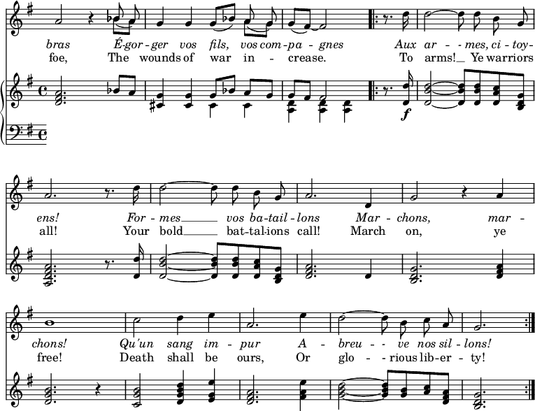 
\relative c'' {
  <<
    \new Voice = "anthem" {
      \omit Staff.TimeSignature
      \omit Score.BarNumber
      \key g \major
      a2 r4 << { \autoBeamOff \slurDown bes!8( a) } \\ { bes8[ a] } >>
      g4 g \slurDown g8([ bes)] << { \autoBeamOff \slurDown a8( g) } \\ { a[ g] } >>
      \partial 2.
      g( fis)~ fis2~
      \repeat volta 2 {
      \partial 4
      r8. d'16
      \autoBeamOff d2~ d8 d8 b8 g8
      \break
      a2. r8. d16
      d2~ d8 d8 b8 g8
      a2. d,4
      g2 r4 a
      \break
      b1
      c2 d4 e
      a,2. e'4
      d2~ d8 b8 c8 a8 
      \partial 2.
      g2.
      }
    }
    \new Lyrics \lyricmode {
      \set associatedVoice = #"anthem"
      \override LyricText #'font-shape = #'italic
      bras2 \skip 4
      É8 -- gor -- ger4 vos fils, vos8 com -- pa4 -- gnes2
      \skip 8. Aux16 ar2 -- -8 mes,8 ci -- toy -- ens!2.
      \skip 8. For16 -- mes2 __ \skip 8 vos8 ba -- tail -- lons 2.
      Mar4 -- chons,2 \skip 4 mar4 -- chons!1
      Qu'un2 sang4 im -- pur2. A4 -- breu2 -- -8 ve8  nos sil -- lons!2.
    }
    \new Lyrics \lyricmode {
      \set associatedVoice = #"anthem"
      foe,2. 
      The4 wounds4 of war in -- crease.2.
      \skip 8. To16 arms!2 __ \skip 8
      Ye8 war -- riors all!2.
      \skip 8. Your16 bold2 __ \skip 8 bat8 -- tal -- ions call!2.
      March4 on,2 \skip4 ye4 free!1
      Death2 shall4 be ours,2. Or4 glo2 -- -8 rious8 lib8 -- er8 -- ty!2.
      
    }
    \new PianoStaff <<
      \new Staff {
        \key g \major
        <<d2. fis a>> bes8 a
        <<cis,4 g'>> <<cis, g'>> << { \voiceOne \stemDown cis,4 cis4 <d a> <d a> <d a>} \new Voice { g8[ bes] a[ g] g[ fis] fis2} >> % using two voices to fix stem up not working
        \oneVoice
        r8. <<d16 d' \f>>
        <<d,2~ b'~ d~>> <<d,8[ b' d>> <<d, b' d>> <<d, a' c>> <<g] d b>>
        <<a2. d fis a>> r8. <<d,16 d'>>
        <<d,2~ b'~ d~>> <<d,8[ b' d>> <<d, b' d>> <<d, a' c>> <<g] d b>>
        <<d2. fis a>> d,4
        <<b2. d g>> <<d4 fis a>>
        <<d,2. g b>> r4
        <<c,2 g' b>> <<d,4 g b d>> <<e, g e'>>
        <<d,2. fis a>> <<fis4 a e'>>
        <<g,2~ b~ d~>> <<g,8 b d>> <<g, b>> <<a c>> <<d, fis a>>
        <<b,2. d g>>
      }
      \new Staff {
        \key g \major
        \clef bass
      }
    >>
  >>
}
