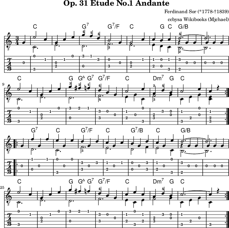 
\version "2.20.0"
\header {
  title = " Op. 31 Etude No.1 Andante "
  % subtitle = " ... "
  % piece = " ... "
  composer = "Ferdinand Sor (*1778-†1839)"
  % opus = "Op.31"
  % source = "using different sources"
    arranger = "ccbysa Wikibooks (Mjchael)"
  copyright = "ccbysa de.wikibooks.org/wiki/Gitarre"
  % footer = " ... "
}

myKey = {
  \clef "treble_8"
  \time 3/4  
  \tempo 4 = 120 
  \key c \major 
  \set Score.tempoHideNote = ##t
}
Akkorde = \chordmode {
  % \germanChords
  % \set Staff.midiInstrument = #"acoustic guitar (nylon)"
  % Akkorde nur beim Wechsel Notieren
  \set chordChanges = ##t
  \repeat volta 4 { 
    s4 |
    c2. | c | g:7 | g:7/f | c | c4 g c | 
    g2.:/b | g:/b |
    c | c | g4 g:maj7 g:7 | g2.:7/f | c | 
    d2:m7 g4 |  c2. c2
    s4 |
    g2.:7 | c | g:7/f | c | g:7/b | c | 
    g:/b | g:/b |
    c | c | g4 g:maj7 g:7 | g2.:7/f | c |
    d2:m7 g4 |  c2. c2
  }
}

Diskant =  \relative c' {
  \set Staff.midiInstrument = "acoustic guitar (nylon)"
  %Part 1
  % \override NoteHead #'color = #red       
  \partial 4 
  \repeat volta 2 { g4 
    e'2 c4 | g c e | g-4 f-1 d-4 | b2 g4 | 
    g2 c4 | c b c |
    %% kurzfristig zweistimmig
    <<
      {
        d2.-4~ | d
      }
      \new Bottom = "middle" {
        % \override NoteHead #'color = #green
        \voiceThree
        %% g4\rest =   1/4 Pause in Höhe g
        g,4\rest g4 g | g4 g g
      }
    >> \break
    %% wieder einstimmigen
    % \override NoteHead #'color = #red
    e'2 c4 | g c e | g-3 fis-2 f-1 | d-4 b g | c2 e4 |
    a,-2 d-4 b | c2 e4 | c r4 
  } \break
  %Part 2
  \partial 4 
  \repeat volta 2 { g |
    f' g, f' | e g, e' | d g, d' | c g c | 
    b g d' | c g e' | 
    %% kurzfristig zweistimmig
    <<
      {
        d2.~ | d
      }
      \new Bottom = "middle" {
        % \override NoteHead #'color = #green
        \voiceThree
        %% g4\rest =   1/4 Pause in Höhe g
        g,4\rest g4 g | g4 g g
      }
    >> \break
    %% wieder einstimmigen
    % \override NoteHead #'color = #red
    e'2 c4 | g c e | g fis f | d-4 b g | c e c |
    a d-4 b | c2.~ | c4 r4
  }
}

Bass =  \relative c' {
  % \override NoteHead #'color = #blue
  \partial 4
  \repeat volta 2 { s4 | 
    c,2. | e | d | f-3 | e | e4 d c | b2.-2~ |
    b | c2. | e | d | f-4 | e4 g c, | f2-3 g4 | 
    c, e g | <c, e> s4
  }
  \partial 4
  \repeat volta 2 { s4 | 
    d2. | c | f-3 | e | d2 f4 | e2 c4 | b2.~ | b |
    c | e | d | f | e4 c e | f2 g4 | c, e g | 
    c, s4
  }
}

Gitarre = << \Diskant \\ \Bass >>
       
\score {
  <<
    \new ChordNames { \Akkorde }
    \new Voice  { 
      \myKey
      \Gitarre 
    }
    \new TabStaff {
        \Gitarre
    }
  >>
  \layout { }
}
\score {
  <<
    \new Voice  { 
      \myKey
      \unfoldRepeats \Gitarre 
    }
  >>
  \midi { }
}

\paper {
  indent=0\mm
  line-width=180\mm
  oddFooterMarkup=##f
  oddHeaderMarkup=##f
  % bookTitleMarkup=##f
  scoreTitleMarkup=##f
}
