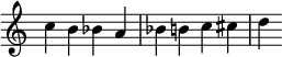  \new Staff \with { midiInstrument = "clarinet" \remove "Time_signature_engraver"} { c'' b' bes' a' bes' b' c'' cis'' d'' }