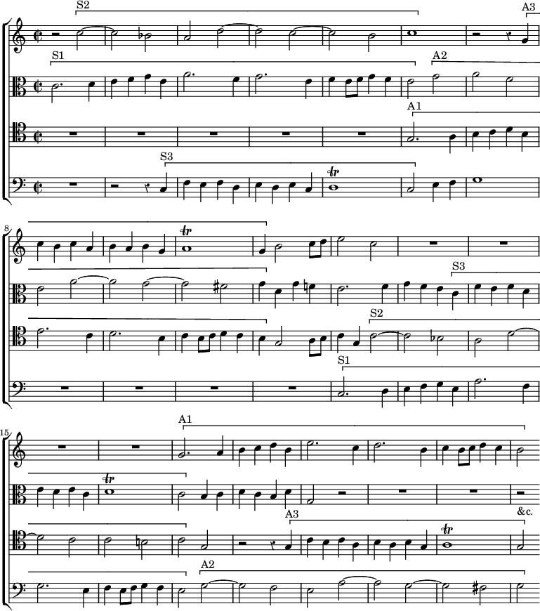 \new ChoirStaff << \override Score.Rest #'style = #'classical
  \new Staff \relative c'' { \time 2/2 
    r2 \[ c^"S2" ~ c bes | a d ~ | d c ~ | c b | c1 \] |
    r2 r4 \[ g^"A3" | c b c a | b a b g | a1\trill | g4 \] b2 c8 d |
    e2 c | R1*4 \[ g2.^"A1" a4 | b c d b | e2. c4 | d2. b4 |
    c b8 c d4 c | b2 \] }
  \new Staff \relative c' { \clef alto
    \[ c2.^"S1" d4 | e f g e | a2. f4 | g2. e4 | f e8 f g4 f |
    e2 \] \[ g2^"A2" ~ | a f | e a ~ | a g ~ | g fis |
    g4 \] d g f! | e2. f4 | g f e \[ c^"S3" | f e f d | e d e c |
    d1\trill | c2 \] b4 c | d c b d | g,2 r | R1*2 | r2_"&c." }
  \new Staff \relative g { \clef tenor
    R1*5 | \[ g2.^"A1" a4 | b c d b | e2. c4 | d2. b4 |
    c4 b8 c d4 c | b \] g2 a8 b | c4 g \[ c2^"S2" ~ c bes |
    a d ~ | d c | c b! | c \] g | r r4 \[ g^"A3" | c b c a |
    b a b g | a1\trill | g2 \] }
  \new Staff \relative c { \clef bass
    R1 r2 r4 \[ c^"S3" | f e f d | e d e c | d1\trill | c2 \] e4 f |
    g1 | R1*4 \[ c,2.^"S1" d4 | e f g e | a2. f4 | g2. e4 |
    f e8 f g4 f | e2 \] \[ g^"A2" ~ | g f | e a ~ | a g ~ g fis g \] } >>