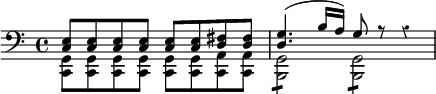 { \override Score.Rest #'style = #'classical \time 4/4 \clef bass \relative c << { <c e>8 <c e> <c e> <c e> <c e> <c e> <d fis> <d fis> | <d g>4.( b'16 a) g8 r r4 | } \\ { <g, c,>8 <g c,> <g c,> <g c,> <g c,> <g c,> <a c,> <a c,> | <g b,>2:8 <g b,>:8 | } >> }