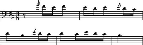 
\language "italiano"
melody = \relative do' {
  \clef "bass" 
  \key re \major
  \time 3/8
  r8 \slashedGrace sol'8 fad16[ mi fad8] | mi16[ re mi8 \slashedGrace mi8 re16 dod]  | \break
  \once \override Score.Clef.break-visibility = ##(#f #f #f)
  \once \override Score.KeySignature.break-visibility = ##(#f #f #f)
  re8[ si \slashedGrace mi8 re16 dod] | re8[ dod16 mi re dod] | si4. 
}
\score {
  \new Staff { \melody }
  \layout {
    \context { \Staff 
               \RemoveEmptyStaves 
             }
    indent = 0\cm
    line-width = #120
    \override Score.BarNumber #'stencil = ##f
  }
  \midi { }
}
\header { tagline = ##f}
