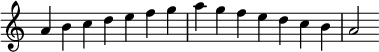 
{\override Score.TimeSignature #'stencil = ##f
  \relative c'' { 
    \time 7/4
    a4 b c d e f g a g f e d c b a2
  }
}