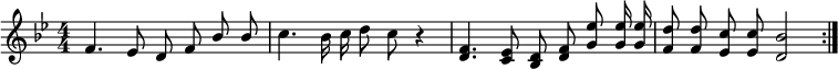 
    \relative c' {
    \key bes \major \time 4/4
    \numericTimeSignature
    \override Score.BarNumber #'break-visibility = #'#(#f #f #f)
    \repeat volta 2 {
    \autoBeamOff \stemUp
        f4. ees8 d f bes bes
    \stemDown
        c4. bes16 c d8 c r4
    \stemUp
        <d, f>4. <c ees>8 <bes d> <d f> <g ees'> <g ees'>16 <g ees'>
        <f d'>8 <f d'> <ees c'> <ees c'> <d bes'>2 }
	}
