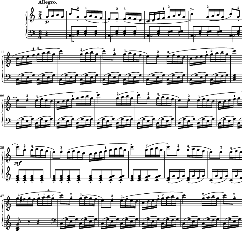 
sVarB = { r4 | << { \voiceOne c8[<e g>_. <e g>_. <e g>_.] | c8[<e g>_. <e g>_. <e g>_.] | c8[<e g>_. <f g>_. <f g>_.] | c8[<e g>_. <f g>_. <f g>_.] | c8[<e g>_. <e g>_. <e g>_.] | c8[<e g>_. <e g>_. <e g>_.] | c8[<e g> <f g> <f g>] | <e g>8 } \new Voice { \voiceTwo c2_5 | c2 | c2 | c2 | c2 | c2 | c2( | c8) } >> \oneVoice r8 r4 | c16([g' e g]) c,([g' e g]) | c,([g' e g]) c,([g' e g]) | c,([g' e g]) c,([g' e g]) | c,([g' e g]) c,([g' e g]) | c,([g' e g]) c,([g' e g]) | c,([g' e g]) c,([g' e g]) | c,([g' e g]) c,([g' f g]) | <c, e g>4 r4 \clef "violin" | << { \voiceOne g'8[<b d g>_4 g <c d fis>_3] } \new Voice { \voiceTwo g4 g } >> | \oneVoice g8[<b d g>_4 <b d g> <b d g>] | << { \voiceOne g8[<b d g> g <c d fis>] } \new Voice { \voiceTwo g4 g } >> | \oneVoice <b d g>8 r r4 \clef "bass" | c,16([g' e g]) c,([g' e g]) | c,16([g' e g]) c,([g' e g]) | c,16([g' e g]) c,([g' f g]) | c,16([g' e g]) c,([g' f g]) | c,16([g' e g]) c,([g' e g]) | c,16([g' e g]) c,([g' e g]) | c,16([g' e g]) c,([g' f g]) | <c, e g>4 r \clef "violin" | \set doubleSlurs = ##t <d' f>2_1_3( | <c e>_2_4) | <d f>( | <c e>) | <d f>( | <c e>4) r \set doubleSlurs = ##f | <c e g>8_.[<c e g>_. <c e g>_. <c e g>_.] | <c e g>_.[<c e g>_. <c e g>_. <c e g>_.] | <c e g>_.[<c e g>_. <c f g>_. <c f g>_.] | 
<c e g>[<c e g> <c f g> <c f g>] | <c e>16([g' e g]) <c, e>([g' e g]) | c,([g' e g]) c,([g' e g]) | c,([g' e g]) c,([g' f g]) | c,([g' e g]) c,8_. r | <c e g>4 r | 
<< { \voiceOne g8[<b d g>_4 g <c d fis>_3] } \new Voice { \voiceTwo g4 g } >> | \oneVoice g8[<b d g> <b d g> <b d g>] | << { \voiceOne g8[<b d g> g <c d fis>] } \new Voice { \voiceTwo g4 g } >> | \oneVoice <b d g>8 r r4 \clef "bass" | c,16([g' e g]) c,([g' e g]) | c,16([g' e g]) c,([g' e g]) | c,16([g' e g]) c,([g' f g]) | c,16([g' e g]) c,([g' f g]) | c,16([g' e g]) c,([g' e g]) | c,16([g' e g]) c,([g' e g]) | c,16([g' e g]) c,([g' f g]) | <c, e g>8 r <c f g> r | <c e g>8 r <c f g> r | <c e g>8 r <c e g> r | <c e g>4 << { \voiceOne \crossStaff { \autoBeamOff g'8 g | <e g>4 } } \new Voice { \voiceTwo c8_1[c] | c,4 } >> }

sVarA = { \partial 4 g16-2\p[a b g] | c8)[g-.-2] \slurDown g16-3([a g f] | e8)[e-.-2] e16-3([f e d] | c[d e f-1] g-2[a b g] | c4->) g16-2([a b g] | 
c8)[g-.-2] g16-3([a g f] | e8)[e-.-2] e16-3([f e d] | c[d e f-1] g[a b g]) | \slurNeutral c-1( \< [d e f-1] g[a b g]\! | c8)\mf[g-.-2] g16-3([a g f] | e8)[e-.-2] e16-3([f e d] | 
c[d e f-1] g-2[a b g] | c4) g16-2([a b g] | c8)[g-.-2] g16-3([a g f] | e8)[e-.-2] e16-3([f e d] | c[d e f-1] g-2[a b g] | c4) \bar "||" \bar ".|:" \repeat volta 2 { d16-4(\f[c b c] | d[c b c] d([c b a] | g8-2)[b-.-4 g-. d-.] d'16-4([c b c] d[c b a]) | g-3([fis g fis] g-1[a-3 b-4 g-2] | c8)[g-.-2] g16-3([a g f] | e8)[e-.-2] e16-3([f e d] | 
c[d e f-1] g[a b g] | c4) g16-2([a b g] | c8)[g-.-2] g16-3([a g f] | e8)[e-.-2] e16-3([f e d] | c[d e f-1] g[a b g] | c4) } r8 c,8-3\p( \repeat volta 2 { \bar ".|:" b[d)g,-1(b-2] | c-1[e-3 g-5)c,-1]( b-2[d-4)g,(b] | c-1[e g)c,-1]( | b-2[d)g,-1(b] | c16-1)([d e f-1] g[a b g] | c8)\mf[g-.-2] g16-3([a g f] | e8)[e-.-2] e16([f e d] | c[d e f-1] g[a b g] |
c4) g16-2([a b g] | c8-.)[g-.-2] g16-3([a g f] | e8)[e-.-2] e16-3([f e d] | c[d e f-1] g[a b g] } \alternative { { c4) r8 c,-3\p( } { c'4) d16-4([c b c] } } | d[c b c] d[c b a] | 
g8-2)[b-.-4 g-. d-.] | d'16-4([c b c] d[c b a]) | g-3([fis g fis] g-1[a-3 b-4 g-2] | c8)[g-.-2] g16-3([a g f] |e8)[e-.-2] e16-3([f e d] | c[d e f-1]g-2[a b g] | c4) g16-2([a b g] | 
c8)[g-.-2] g16-3([a g f] | e8)[e-.-2] e16-3([f e d] c[d e f-1] g[a b g] | c8^>-5)\ff[c^>] g16-2([a b g] | c8^>)[c-.^>] g16([a b g] | <e g c>8) r <g c e> r | <e g c>4 <c, e>8-3-5[<c e>] | c4 \bar "|." }

\paper { #(set-paper-size "a2") oddHeaderMarkup = \evenHeaderMarkup }
\header { tagline = ##f }
\version "2.18.2"
\score {
\midi {  }
\layout { line-width = #400
\context { \PianoStaff \consists #Span_stem_engraver } indent = 2\cm}
\new PianoStaff <<
  \new Staff { \clef 
"violin" \key c \major \time 2/4 \tempo \markup { \bold "Allegro." } \relative f' { \sVarA } }
  \new Staff { \clef "bass" \key c \major \time 2/4 \relative c { \sVarB } }
>> }