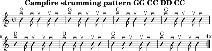 
\version "2.20.0"
\header {
  title="Campfire strumming pattern GG CC DD CC "
  encoder="mjchael"
}

myChords = \new ChordNames { \chordmode {
    g1 g c c d d c c
}}

Lager_G = {
  <g, b d>4 \downbow %1
  <g b g'>8 \downbow %2
  <g b g'>4 \upbow %+
  <g b g'>8 \upbow %+
  <g b g'>4 \downbow %4
}

Lager_C = {
  <e, c e>4 \downbow
  <g c' e'>8 \downbow 
  <g c' e'>4 \upbow 
  <g c' e'>8 \upbow 
  <g c' e'>4 \downbow
}

Lager_D = {
  <a, d a>4 \downbow
  <a d' fis'>8 \downbow 
  <a d' fis'>4 \upbow 
  <a d' fis'>8 \upbow 
  <a d' fis'>4 \downbow
}

myRhythm = { \repeat volta 4 {
  \Lager_G \Lager_G \Lager_C \Lager_C \break
  \Lager_D \Lager_D \Lager_C \Lager_C
  \mark "4x"
}}

\score { << %layout
  % Chords
  \myChords
  % Slash Notation
  \new Voice \with {
    \consists "Pitch_squash_engraver"
  }{
    \set Staff.midiInstrument = "acoustic guitar (nylon)"
    \improvisationOn
    \override NoteHead.X-offset = 0
    \myRhythm
  }
>> \layout{} }

\score { << % midi
  \unfoldRepeats {
    \tempo 4 = 90
    \time 4/4
    \key d \major
    \set Staff.midiInstrument = #"acoustic guitar (nylon)"
    c4 b, a,
    \myRhythm 
    <g, b, d g b g'>1 \downbow
  }
>> \midi{} }

\paper {
  indent=0\mm
  line-width=180\mm
  oddFooterMarkup=##f
  oddHeaderMarkup=##f
  % bookTitleMarkup=##f
  scoreTitleMarkup=##f
}
