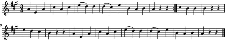 
\relative a' {
 \key a \major
 \time 3/4
 \repeat volta 2 {a4 e a cis a cis e( d) d d( cis) e b a b a r r}
 cis b b b r r e d cis b r r
 a4 e a cis a cis e( d) d d( cis) e b a b a r r
 \bar "|."
 }
